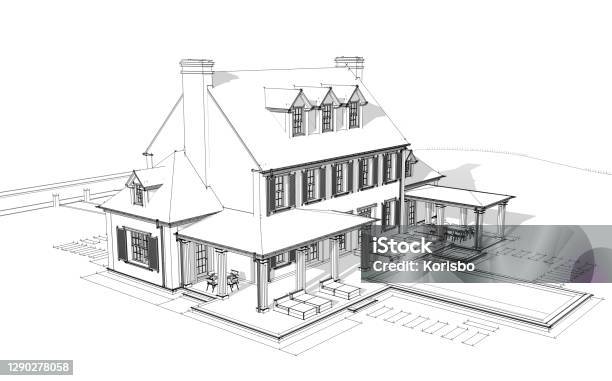 3d Rendering Of Modern Classic House In Colonial Style Black Line On White Background Stock Photo - Download Image Now
