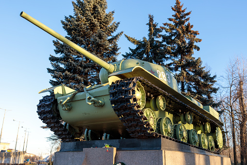 Soviet military tank stands on a pedestal in memory of the second world war