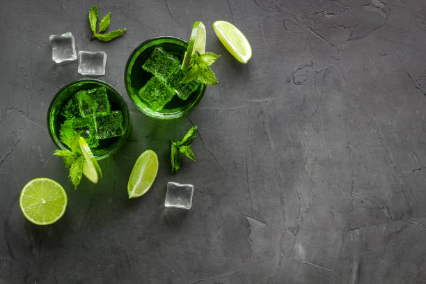 istock Green iced cocktail drink witn lime and mint, top view 1290285915