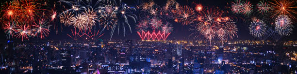 istock Abstract colored firework on dark sky. Celebration and anniversary concept 1290287527