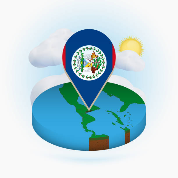 istock Isometric round map of Belize and point marker with flag of Belize. Cloud and sun on background. 1290292062