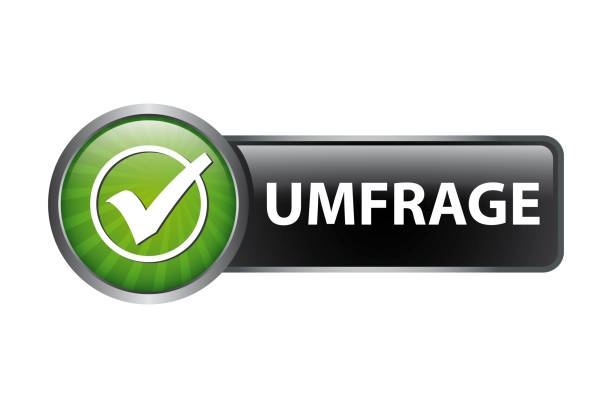 Shiny 3d Button with German word Umfrage means Survey and tick icon Online survey or questionaire button umfrage stock illustrations