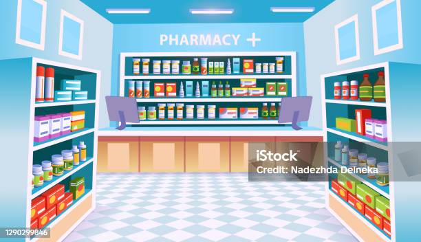 Pharmacy Vector Interior With Shelves Of Pills Vector Cartoon Background  Stock Illustration - Download Image Now - iStock
