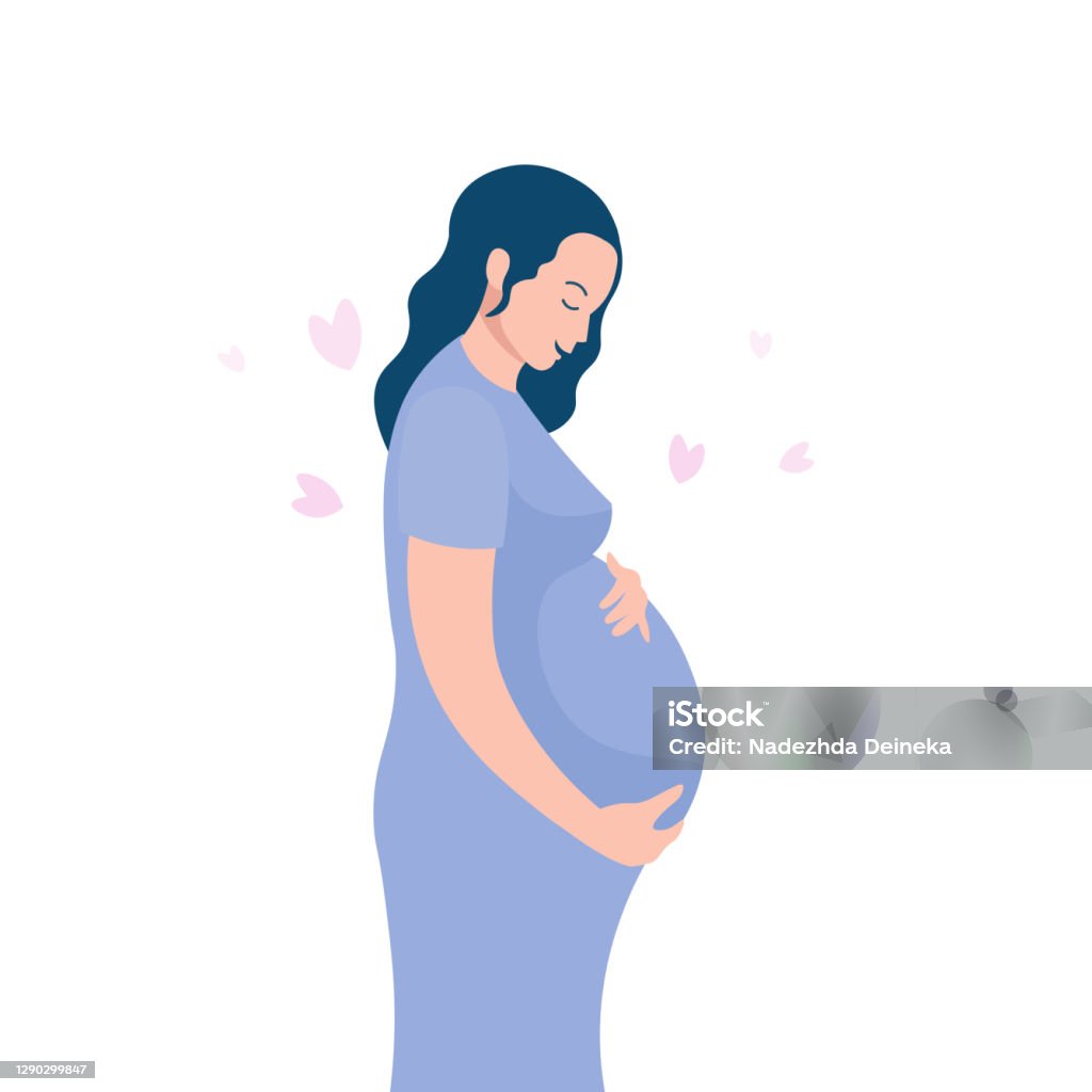 Happy Pregnant Woman Is Standing And Hugging Her Belly Vector Cartoon  Illustration Stock Illustration - Download Image Now - iStock