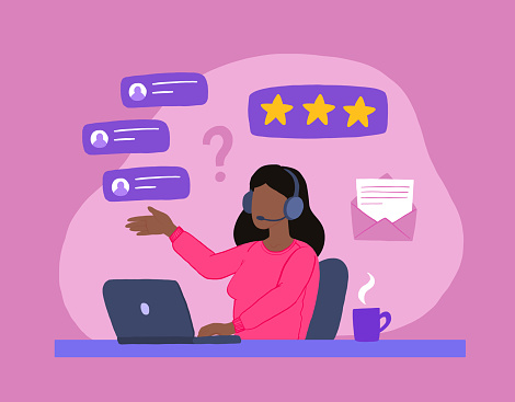African American woman in call center, support, customer support answering questions. Vector illustration.