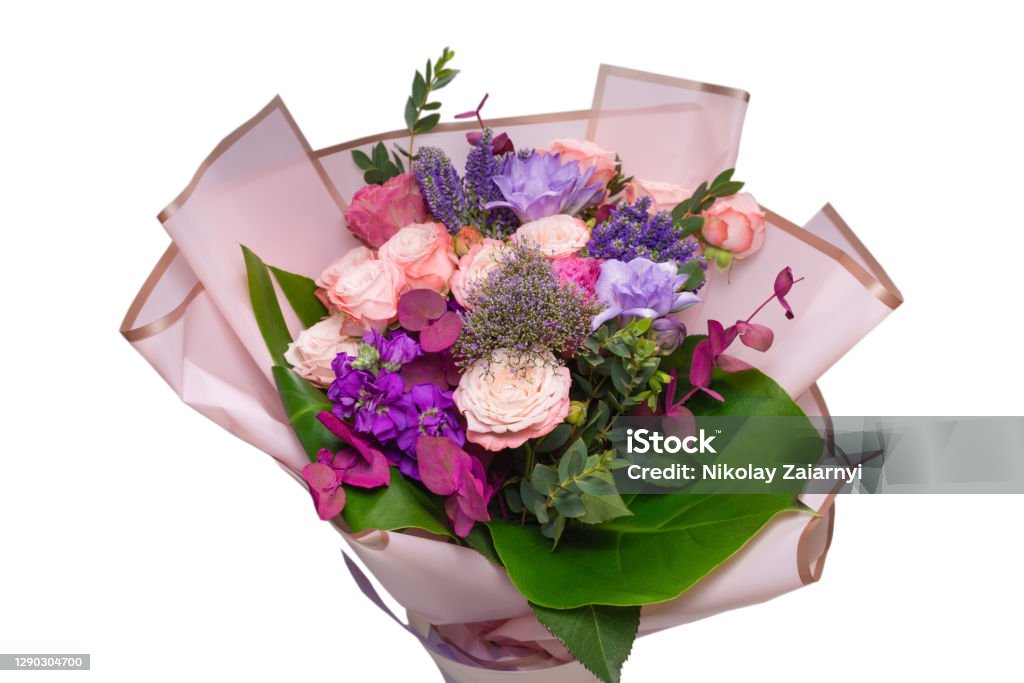 Bouquet Of Soft Pink Flowers In Wrapping Paper Stock Photo