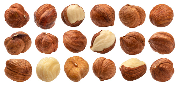 Hazelnuts isolated on white background with clipping path, nuts collection