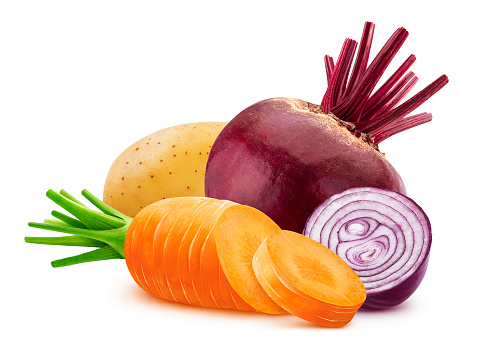 Vegetable isolated on white background with clipping path, group of potato, beet, carrot and onion