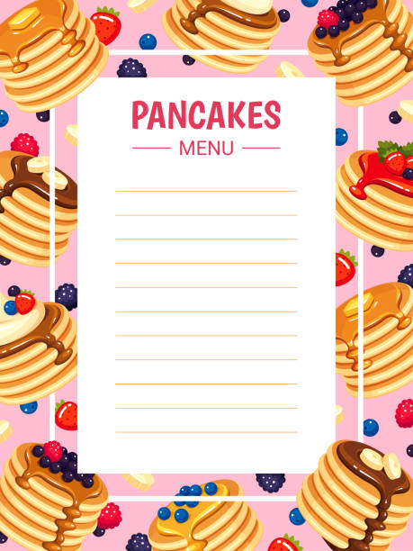 Pancakes with butter, honey, chocolate, berries menu frame. Cafe template, layout. Pancakes with butter, honey, chocolate, strawberries, blueberries, raspberries, blackberries menu frame. Cafe template, layout, blank. Vector design illustration for tea house, cake shop, tearoom. breakfast borders stock illustrations