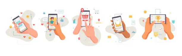 Vector illustration of Smartphones screens showing applications, isolated set of icons of hands with mobile phones. Shopping and social media, networks and games. Entertainment and chatting online, vector in flat style
