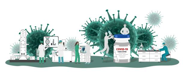 istock Covid-19 coronavirus vaccine development concept with people characters scientists and doctors in research medical laboratory. Scene with viruses on banner. Vector illustration 1290309315