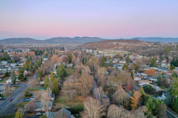 istock Peaceful town surrounded by trees with mountains as background 1290309521