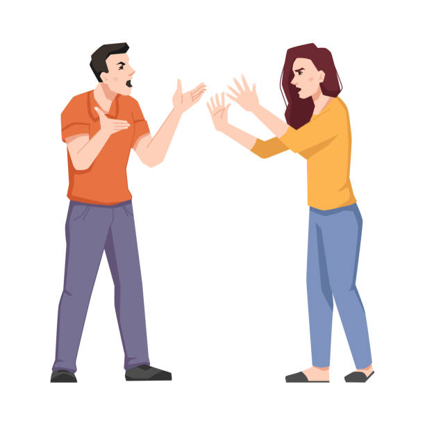 ilustrações de stock, clip art, desenhos animados e ícones de young couple swear and shout isolated screaming wife and husband. vector emotional frustrated irritated man and woman quarreling, problems in relationships, family conflict. disagreement and divorce - husband