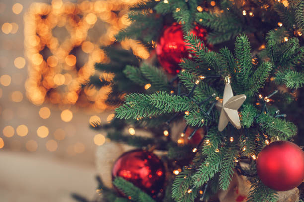 istock Decorated christmas tree on blurred lights bokeh background 1290310683