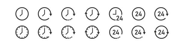 ilustrações de stock, clip art, desenhos animados e ícones de clock set icons. all time 24 hour and arrow sign symbol. vector - trading board illustrations