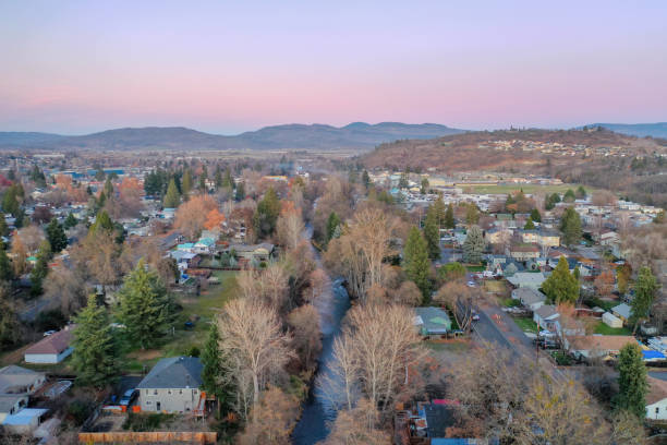 istock Peaceful town surrounded by trees with mountains as background 1290311377
