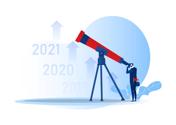 illustrazioni stock, clip art, cartoni animati e icone di tendenza di visione d'impresa con binocolo per opportunità in spyglass sull'anno 2021 l'obiettivo - strategia dimpresa