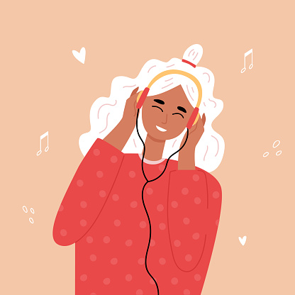 Blonde teenage hipster girl listening to music with headphones. Trandy hand drawn style. Vector illustration