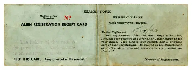 A registration receipt card once belonging to an ‘alien’ seaman (i.e. one not a citizen of the United States) dated 24th May 1943.