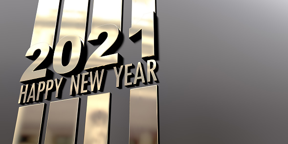 3D rendering of the writing Happy New Year 2021 in a mirror golden surface on a black background