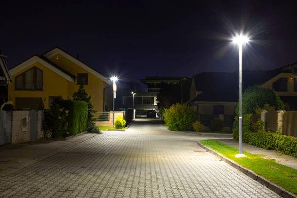 istock modern led illumination on quiet street at night 1290321765