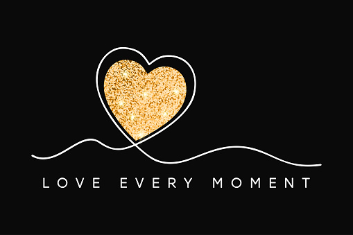 T-shirt design with glitter heart. Slogan love every moment, typography graphics for tee shirt with glittering shine texture in heart. One line inscription. Vector.