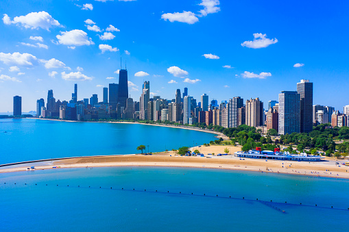 North avenue beach with Chicago skyline aerial view