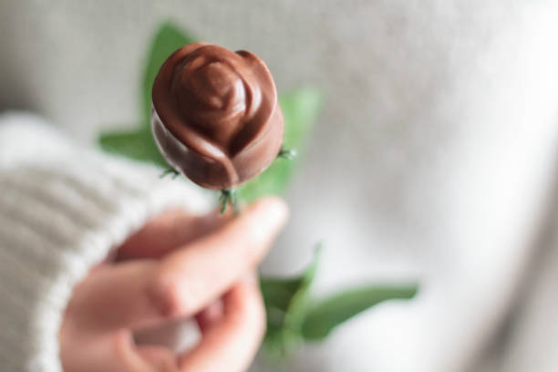 Woman hands holding chocolate rose. Valentine's day concept