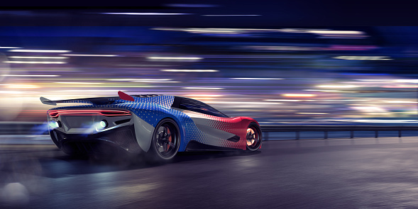 A nighttime scene of a generic red, white and red sports car moving at high speed, with blue flames coming from its exhaust, and front brake disc glowing. The car is moving past some buildings and lights which have extreme motion blur in the background.