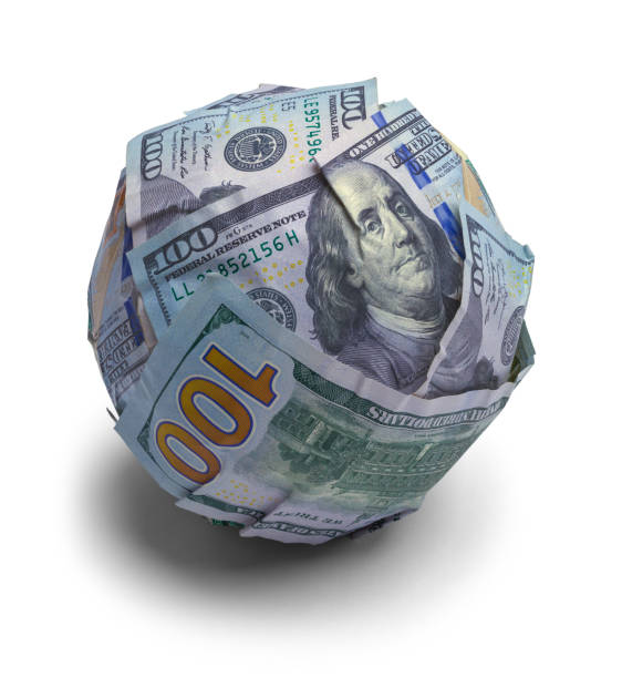 Money Ball Ball of Hundred Dollar Bills Cut Out on White. snowball stock pictures, royalty-free photos & images