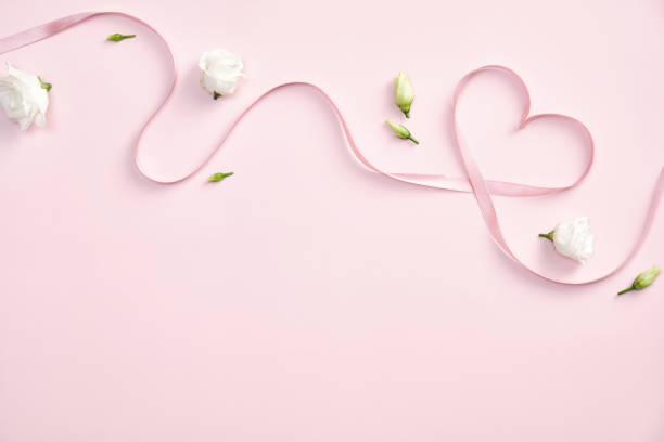 Valentines day concept. Heart shaped ribbon and roses flowers on pastel pink background. Flat lay, top view. Minimal style. Valentines day concept. Heart shaped ribbon and roses flowers on pastel pink background. Flat lay, top view. Minimal style. rose colored photos stock pictures, royalty-free photos & images