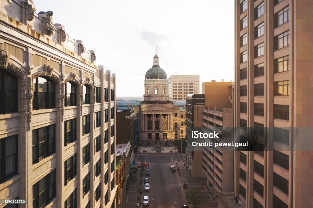 Aerial view of Indianapolis downtown with Statehouse in Indiana Indianapolis Stock Photo
