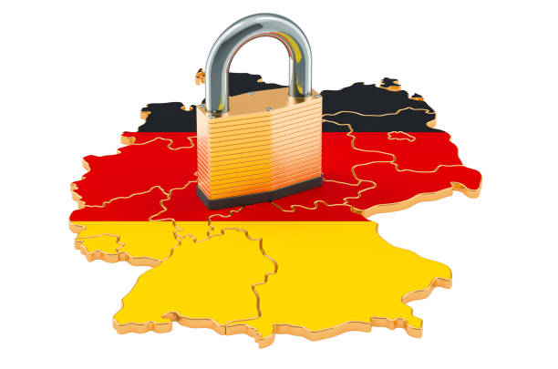 istock Lockdown in Germany. Padlock with map, border protection concept. 3D rendering isolated on white background 1290328927