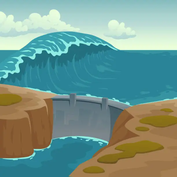 Vector illustration of Sea landscape with dam and large wave