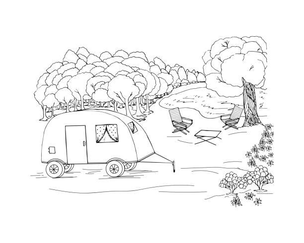 ilustrações de stock, clip art, desenhos animados e ícones de anti-stress coloring is a black and white vector drawing drawn by hand. camping illustration, for drawing a family car, chaise longue, lake, forest, berries and clouds. suitable for posters, postcards - family sofa vector illustration and painting