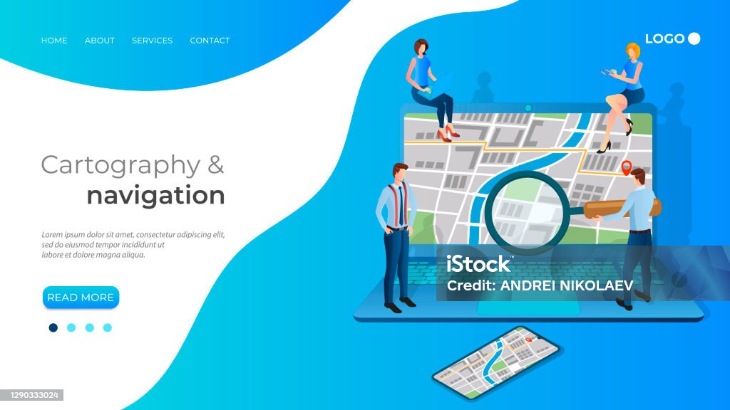 Navigating Image People Study Navigation Maps On A Laptop Screen Stock Illustration ...