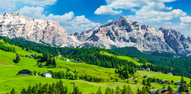 istock Green alpine meadows with huge mountains range on the background. 1290335438