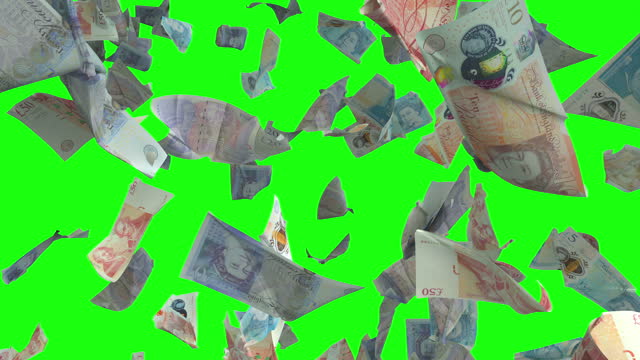 Falling Banknotes of British Pound Sterling on Green Chroma Key 4K Loopable