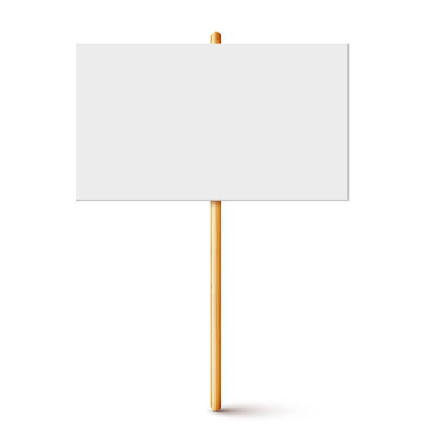 istock Blank protest sign with wooden holder. Realistic vector demonstration banner. Strike action cardboard placard mockup 1290336618
