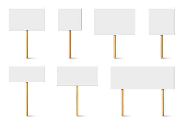 istock Blank protest sign with wooden holder. Realistic vector demonstration banner. Strike action cardboard placard mockup 1290336756