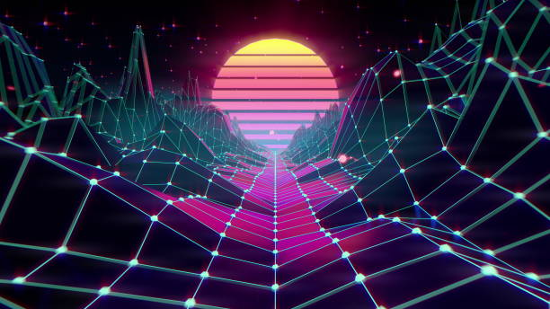 80s retro futuristic sci-fi background. VJ videogame landscape with neon lights stock photo