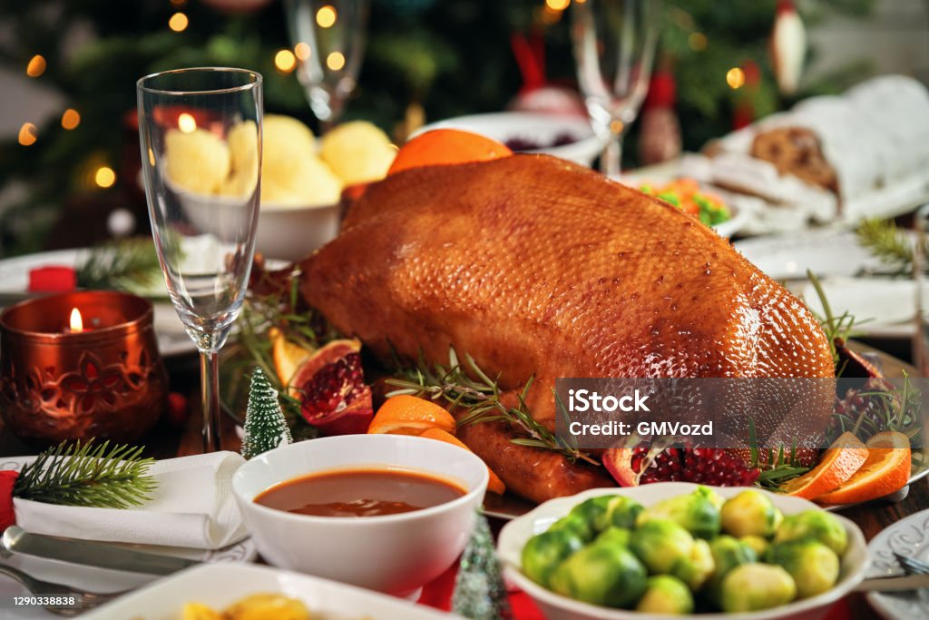 Traditional Christmas Duck Holiday Dinner Stock Photo - Download Image