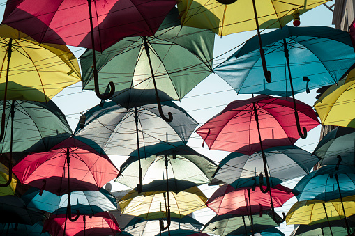 Umbrella, Multi Colored, Sky, Backgrounds, Flying