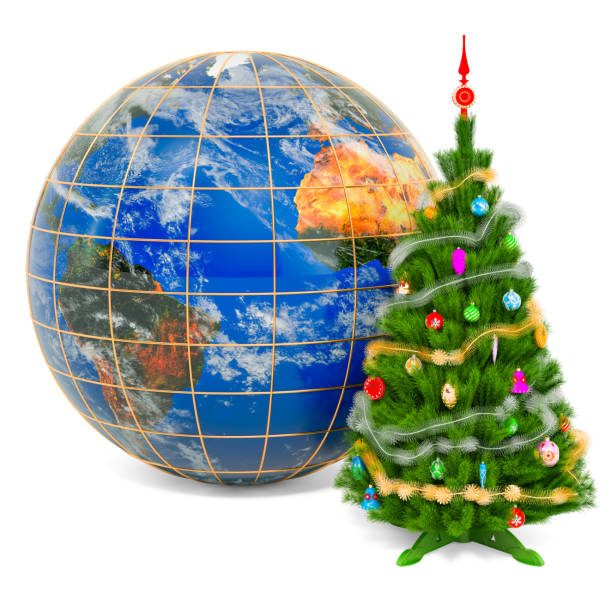 istock Earth Globe with Christmas Tree. Global Christmas and New Year concept, 3D rendering 1290339652