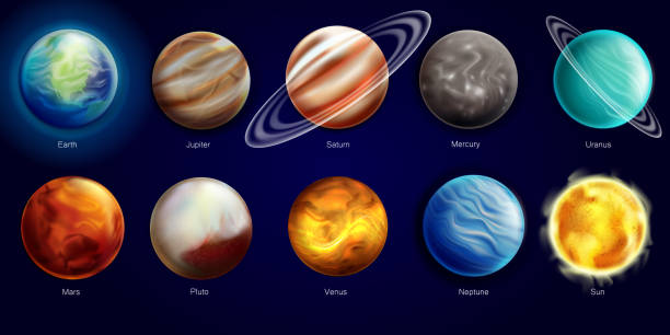 istock Galaxy planets realistic style icons set. Illustration of the sun and eight planets orbiting it. Planets of the solar system on a space background. Vector illustration 1290341653