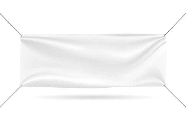 istock Banner mockup on white background. White waving fabric signs; blank promotion fabric label isolated. 3D blank narrow horizontal banner with 4 holes and ropes. Vector illustration 1290341671