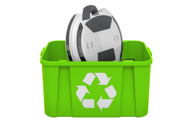 istock Recycling trashcan with electric unicycle, 3D rendering isolated on white background 1290346783