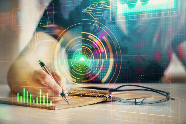 istock Multi exposure of woman's writing hand on background with data technology hud. Concept of innovation. 1290347453