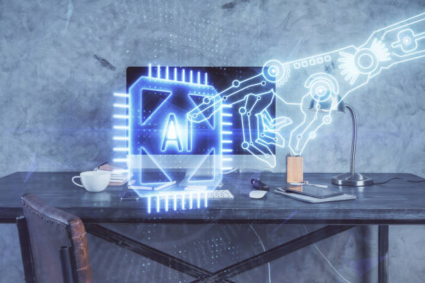 istock Technology theme drawing and table with computer. Double exposure. Concept of information. 1290347474
