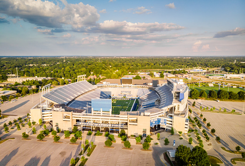 September 26, 2023: Kansas City, Missouri - Aerial view of Kauffman Stadium and Arrowhead Stadium, home to the Kansas City Royals and Kansas City Chiefs respectively.